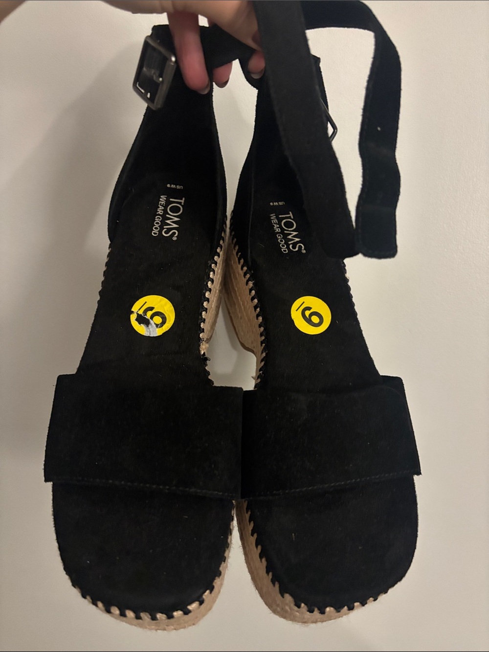 TOMS Black Suede Wedge Sandals with Ankle Strap
